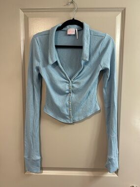 Urban Outfitters Pale Blue Ribbed Button-Front Collared Top